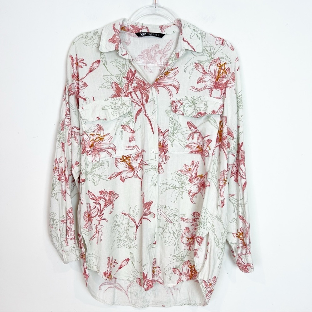 ZARA SAGE GREEN WITH RED GREEN FLORAL PRINT LONG SLEEVE BLOUSE WOMENS SZ SMALL